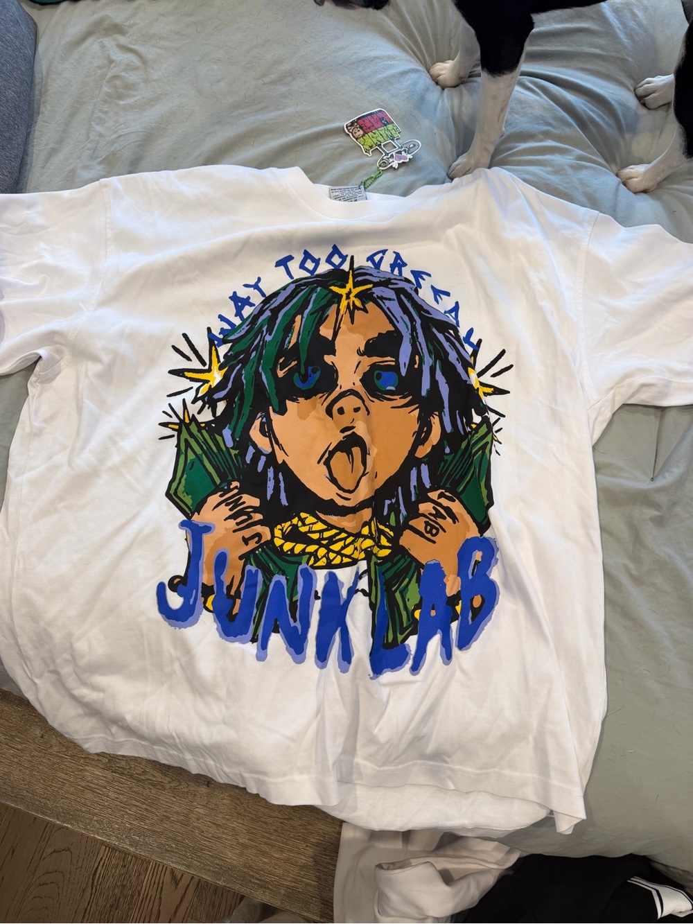 White Short Sleeve Graphic Tee — Blue & Green Illustration